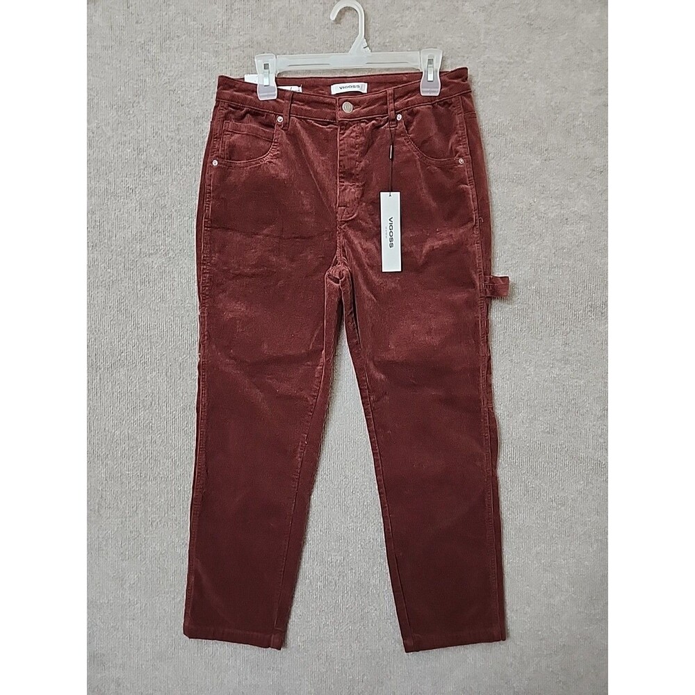 VIGOSS Frankie Straight Corduroy Carpenter Pants Womens 31 Maroon Stretch NEW